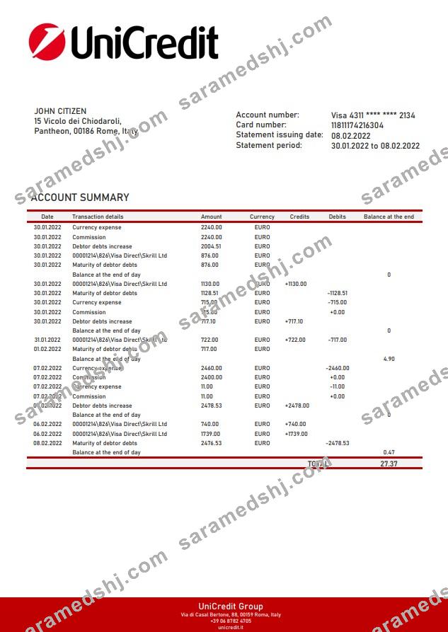Italy Unicredit bank statement